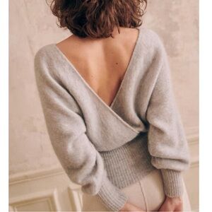 SEZANE Light Gray Mohair Wool Reversible Dolman Sleeve V Neck Gaby Sweater